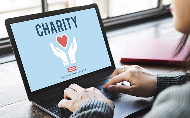 Person giving to charity on laptop